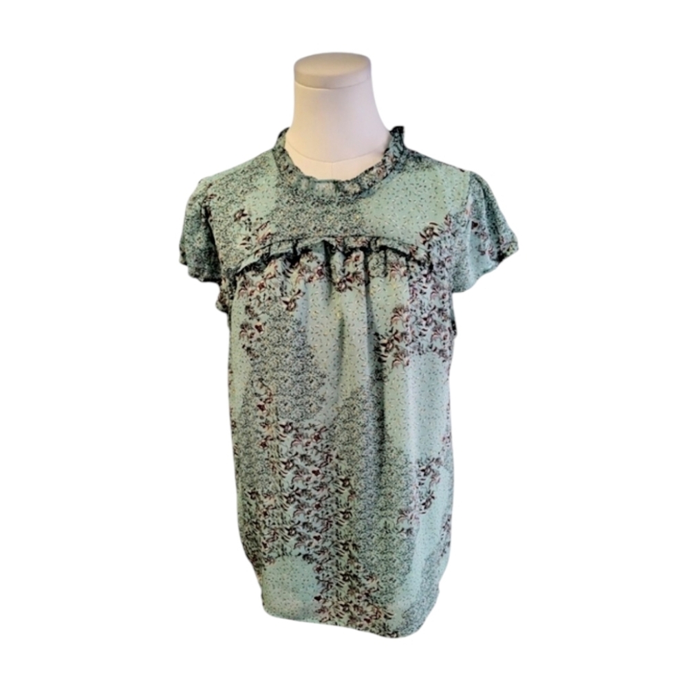 Nwot Joie Victorian Blue Maroon Floral Silver Ruffled Keyhole Blouse Size Large